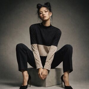 Zara Pleated Color Block Long-Sleeve Top - Size Medium